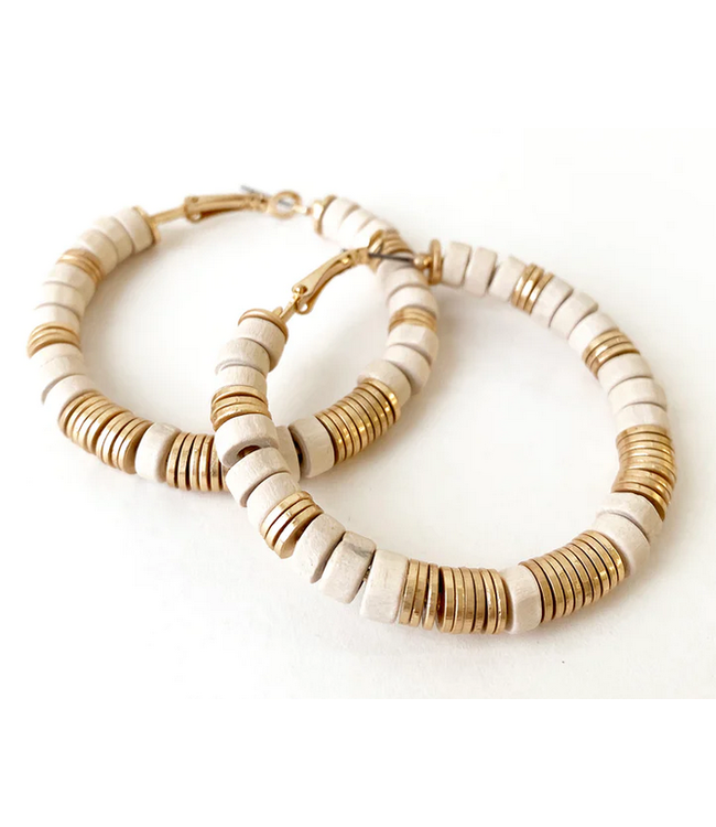 Caracol Wood/Metal Beads Hoops Beige and Gold