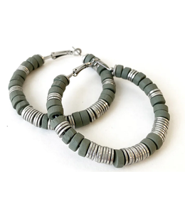 Caracol Wood/Metal Beads Hoops Grey & Silver