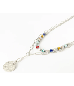 Double Chain Necklace w/ Glass Beads - Silver & Multi