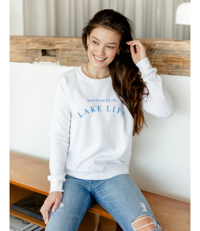 Happiness is... Lake Life crew neck sweater- white