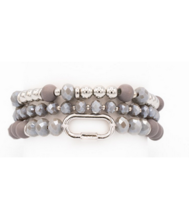 Caracol 3 Elastic Bracelets, Glass, Metal & Wood Beads - Grey/Slv