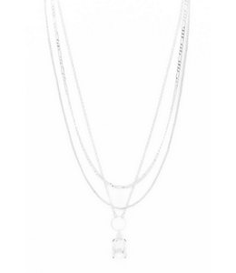 Caracol 3 Row Chains Necklace with Crystal Pendant - Silver