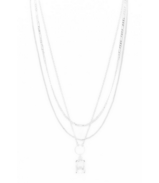 Caracol 3 Row Chains Necklace with Crystal Pendant - Silver