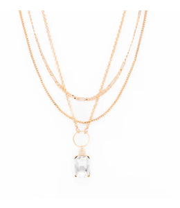 Caracol 3 Row Chains Necklace with Crystal Pendant - Gold