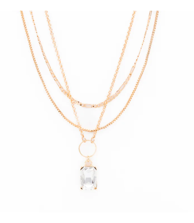 Caracol 3 Row Chains Necklace with Crystal Pendant - Gold