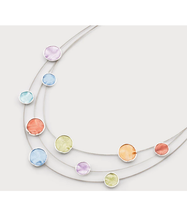 Caracol 3 Rows Necklace with Hand Painted Coloured Discs - Silver