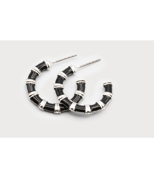 Caracol Black & Silver Enamel Hoop Earrings with Posts
