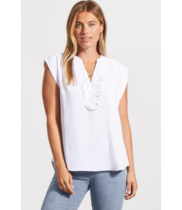 Tribal Cap Sleeve Top Frill at Neck - White