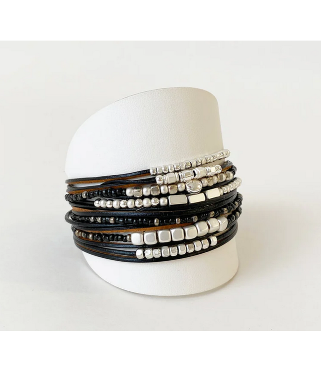 Caracol Multi Strand Leather Bracelet Beads Magnet Clasp - Black