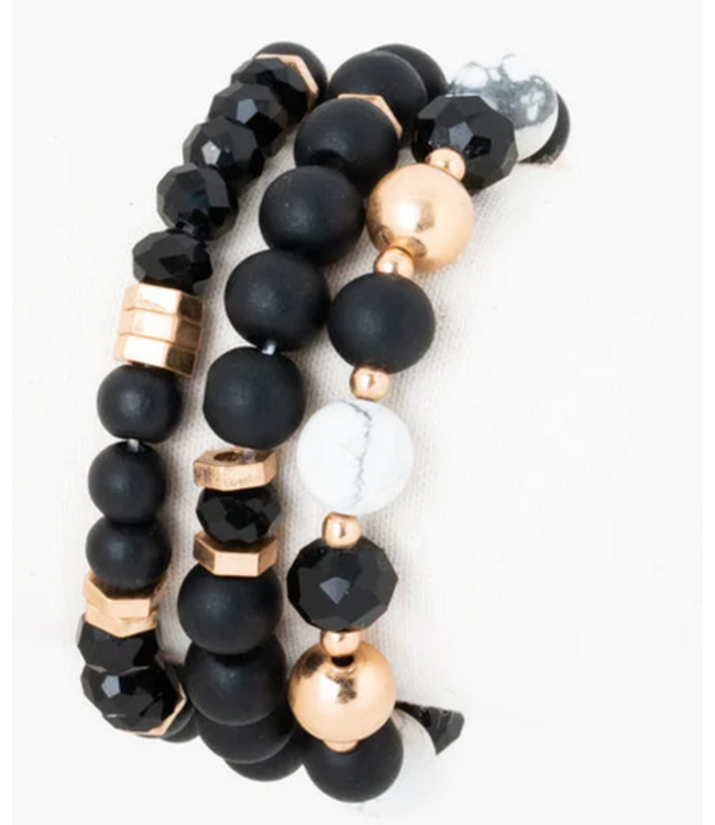 Caracol 3 Elastic Bracelets with Glass/Metal/Stones Black