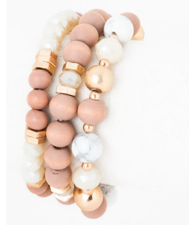 Caracol 3 Elastic Bracelets with Glass/Metal/Stones Pink