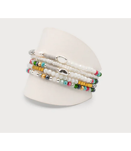 Caracol Glass & Metal Beads 5 Elastic Bracelets White/Multi/Silver