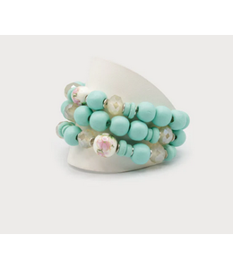 Caracol 3 Elastic Bracelets Wood/Glass Ceramic Beads - Aqua