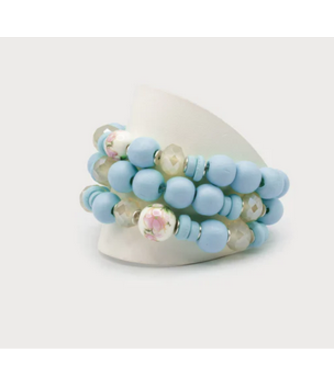 Caracol 3 Elastic Bracelets Wood/Glass Ceramic Beads - Blue