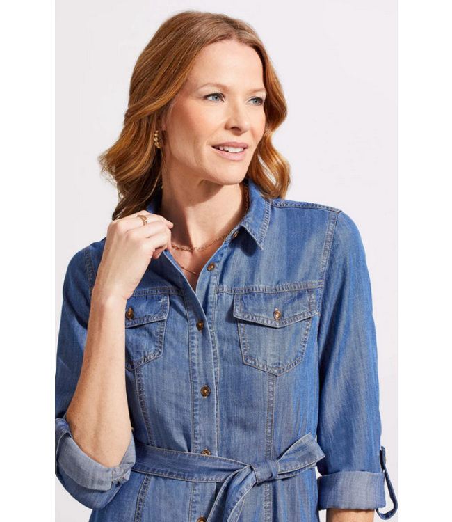 Tribal - Button front dress with role up sleeves -Denim