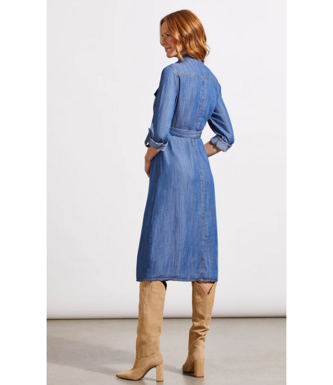 Tribal - Button front dress with role up sleeves -Denim