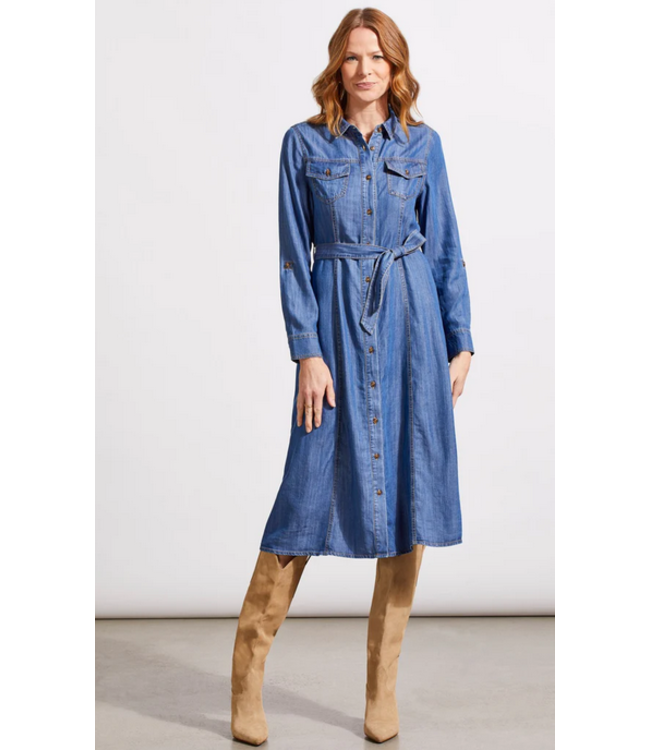 Tribal - Button front dress with role up sleeves -Denim