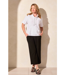 Tribal Short Sleeve Funnel-Neck Top With Drawcord- White
