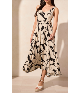 Tribal High low dress with print- Black & Cream