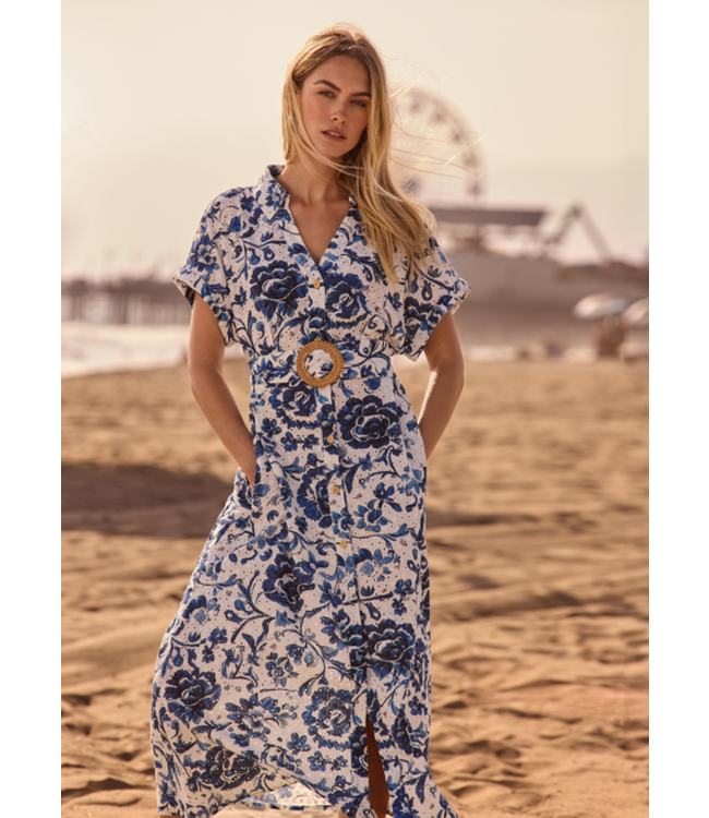 Charlie B Button up front maxi dress w/ belt - Blue