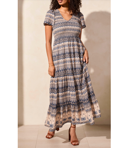 Tribal Lined S/S Ruched Top Maxi Dress-ScubaBlue
