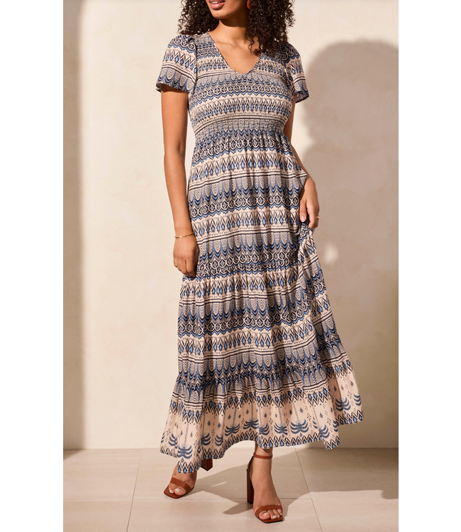 Tribal Lined S/S Ruched Top Maxi Dress-ScubaBlue