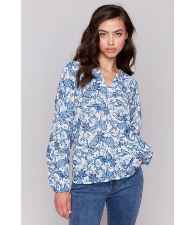 Charlie B Printed Pop over blouse- Blues