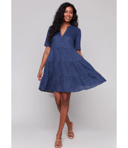 Charlie B Short sleeve 3 tiered linen dress-Navy