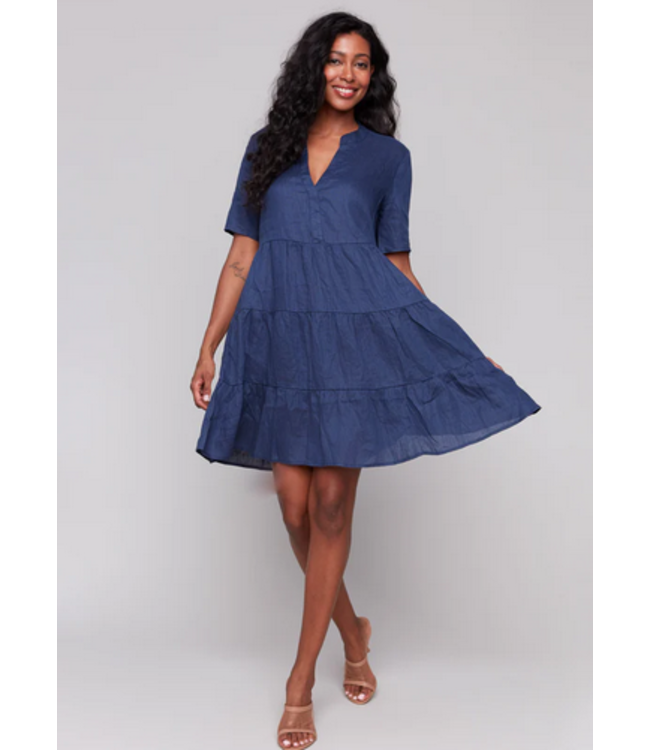 Charlie B Short sleeve 3 tiered linen dress-Navy