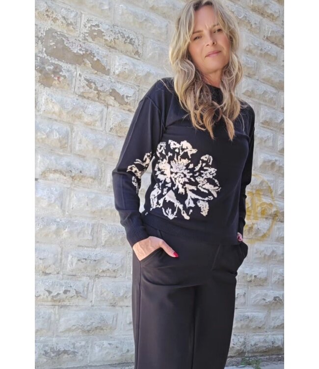 Charlie B -Crew neck Jaquard sweater- Black