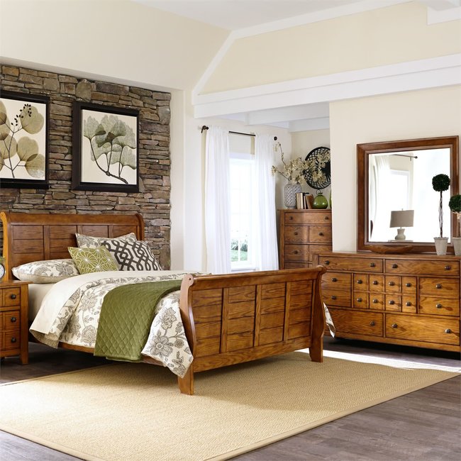 Grandpas Cabin Queen Sleigh Bed, Dresser & Mirror, Chest (175-BR-QSLDMC)