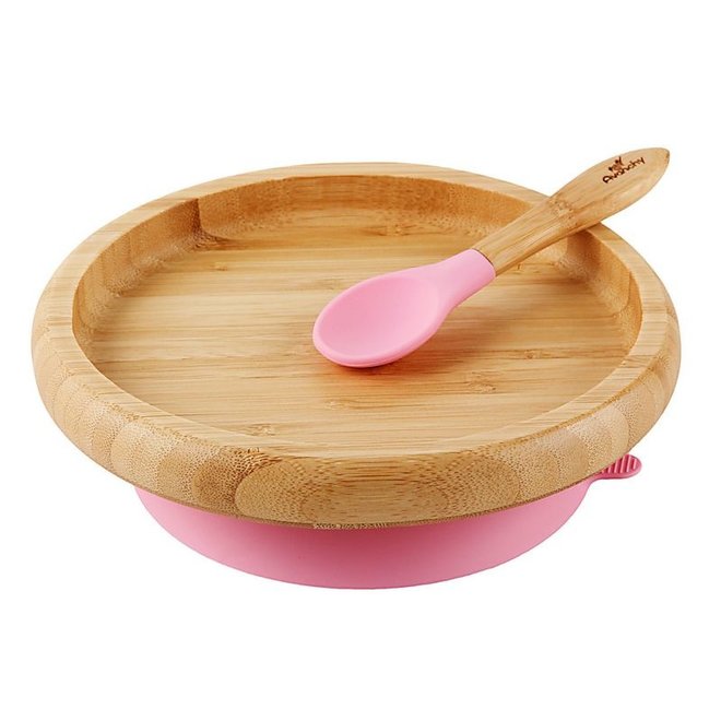 Classic Bamboo Suction Plate+Spoon - Pink