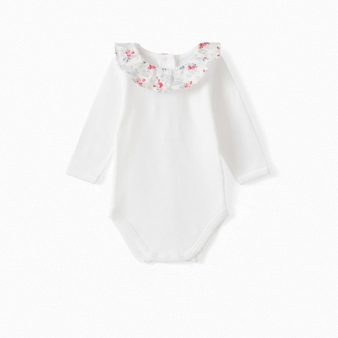 BABY ORGANIC COTTON ONESIE WITH LIBERTY FABRIC COLLAR NATURAL WHITE