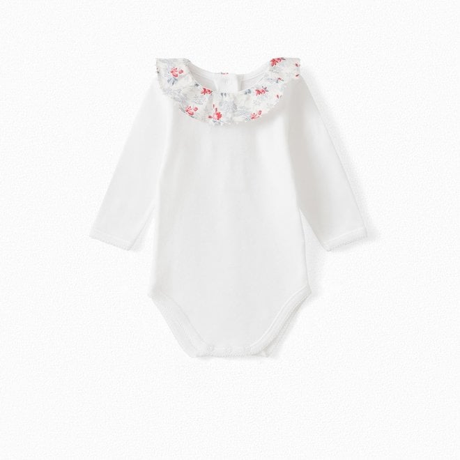 BABY ORGANIC COTTON ONESIE WITH LIBERTY FABRIC COLLAR NATURAL WHITE