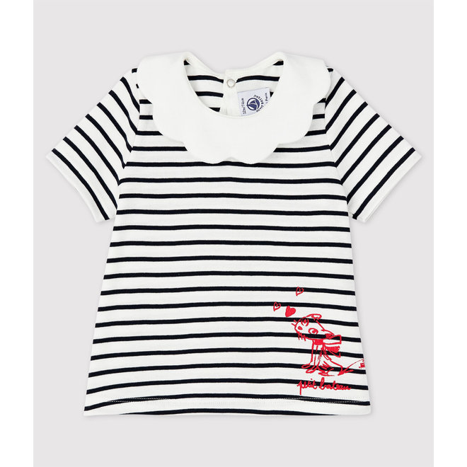 Baby Girls' Short-Sleeved Cotton Blouse Black & White Stripe