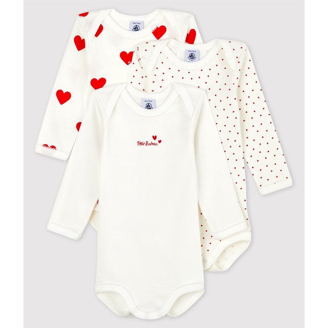 Baby Girls' Long-sleeved Heart Pattern Organic Cotton Bodysuit - 3-Pack