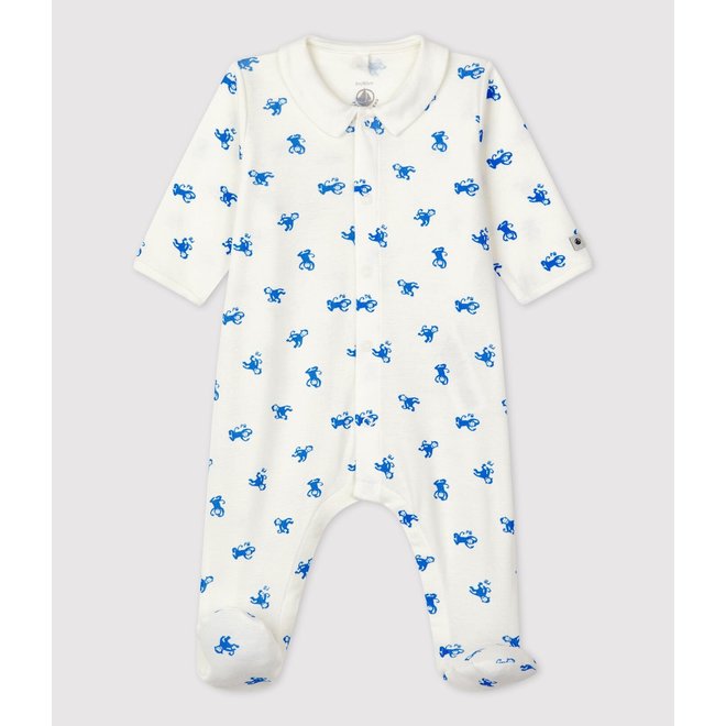 Babies' Organic Cotton Sleepsuit Monkey Marshmallow White/Brasier Blue