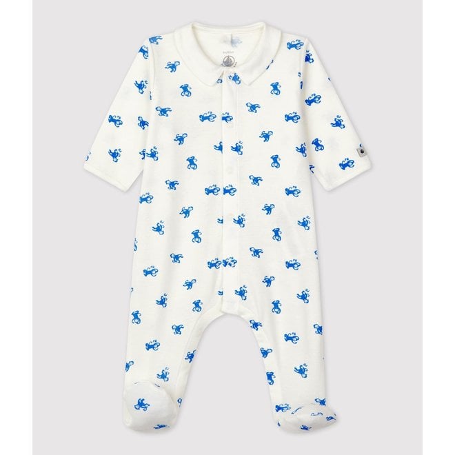 Babies' Organic Cotton Sleepsuit Monkey Marshmallow White/Brasier Blue