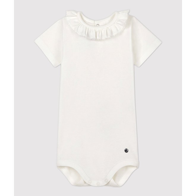 Babies' Short-Sleeved Bodysuit With Ruff Marshmallow White