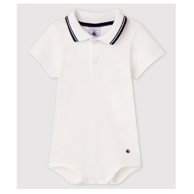 Babies' Short-Sleeved Cotton Bodysuit With Polo Shirt Collar Marshmallow White