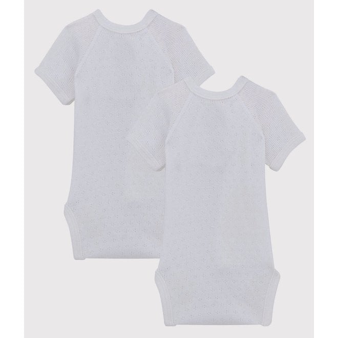 Babies' White Short-Sleeved Wrapover Organic Cotton Lace Knit Bodysuits - 2-Pack