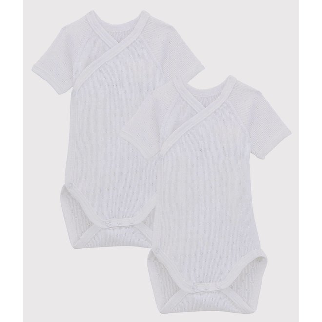 Babies' White Short-Sleeved Wrapover Organic Cotton Lace Knit Bodysuits - 2-Pack