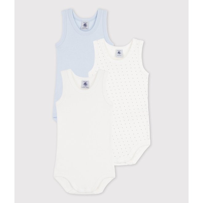 No Sleeved Cotton Bodysuits - 3-Pack Star,Blue,Plan White