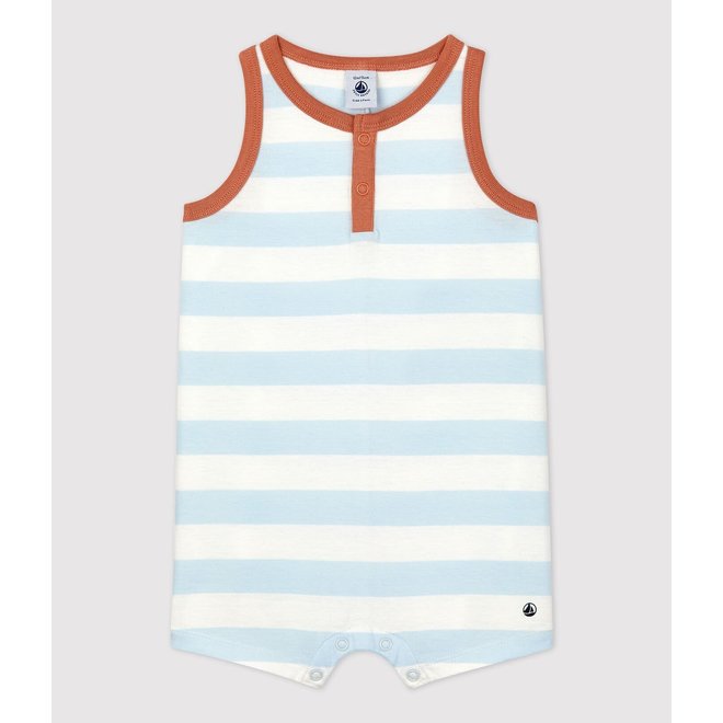 BABIES' STRIPED JERSEY SHORT PLAYSUIT PLEINAIR /MARSHMALLOW