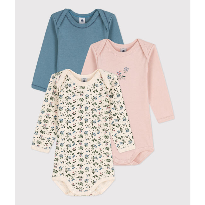 BABIES' LONG-SLEEVED COTTON BODYSUITS - 3-PACK FLOWER