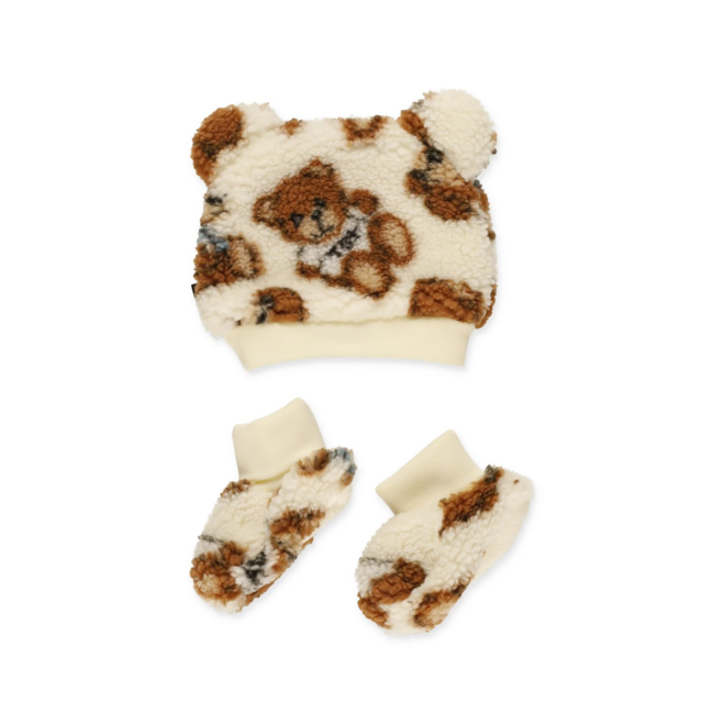 BABY FUZZY BEAR ALLOVER HAT AND BOOTIES WITH FIGT BOX