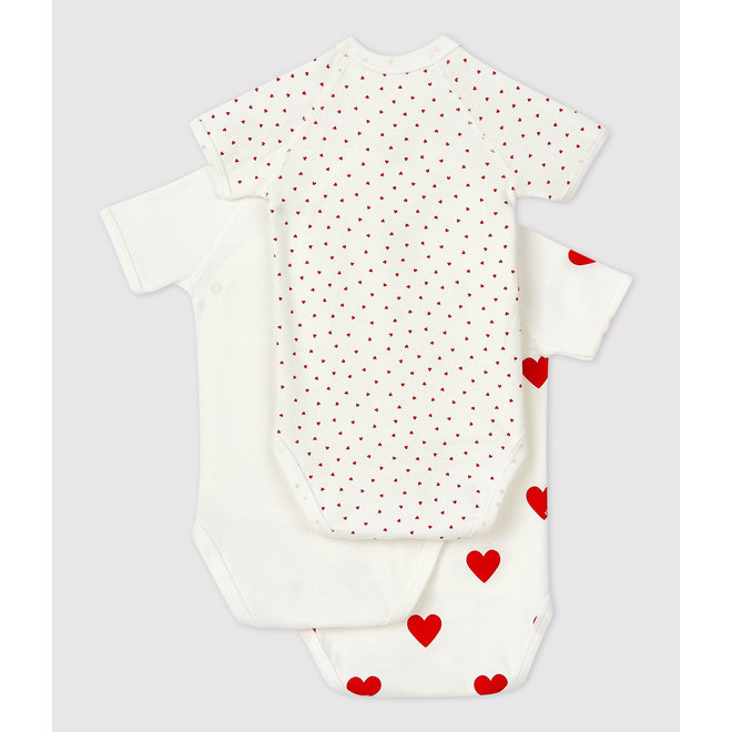 BABIES' HEART PATTERNED WRAPOVER SHORT-SLEEVED COTTON BODYSUITS - 3-PACK