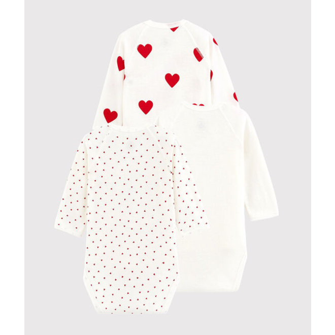 BABIES' LONG-SLEEVED WRAPOVER RED HEARTS ORGANIC COTTON BODYSUITS - 3-PACK