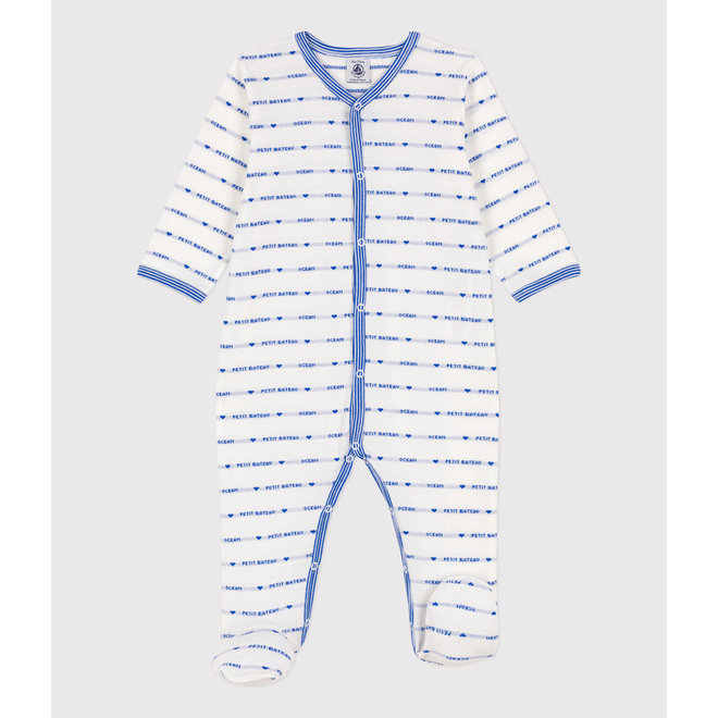 PATTERNED KNIT COTTON SLEEPSUIT MARSHMALLOW white/PERSE blue