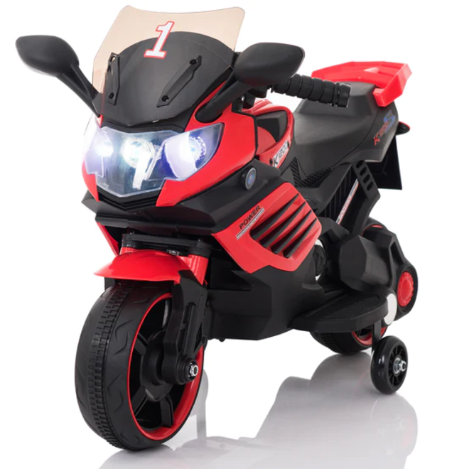 Kids Motorcycle with Training Wheels, Realistic Lights and Sound 6V Red